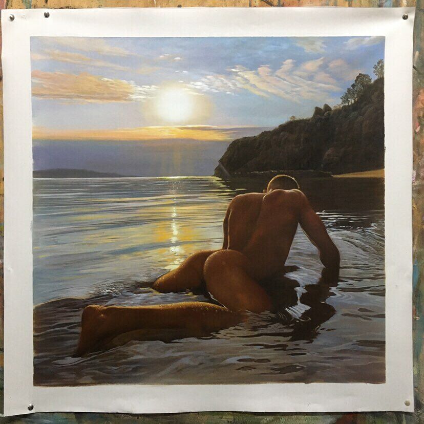 tableau peinture érotique huile sur toile homme nu intégrale à la plage