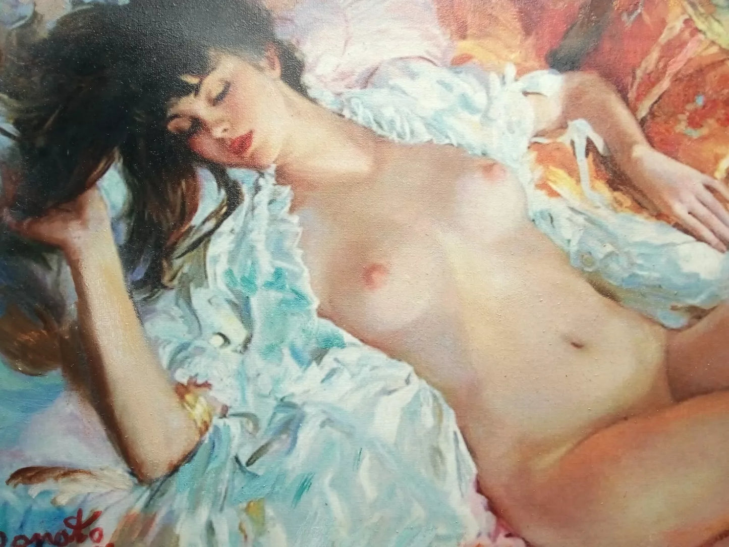 art-decoration-erotique-tableau-peinture-huile-toile-femme-denudée-seins nus-poitrine-endormie