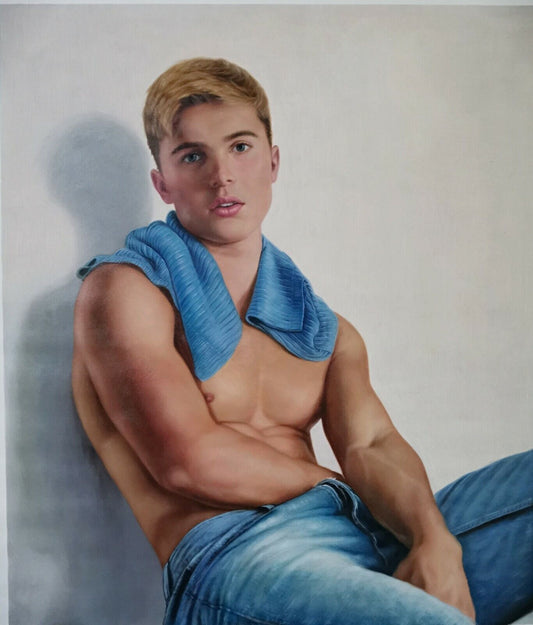 portrait young man shirtless painting oil on canvas