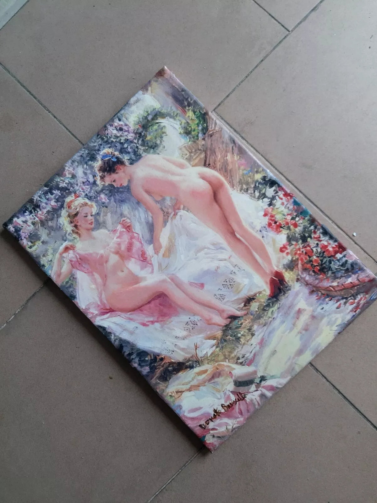art-decoration-tableau-peinture-huile-toile-portrait-femmes-nues-amies-lingerie