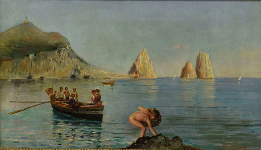 Vers 1900, tableau ancien, paysage à Capri, huile, signé, 58 x 36,5 cm