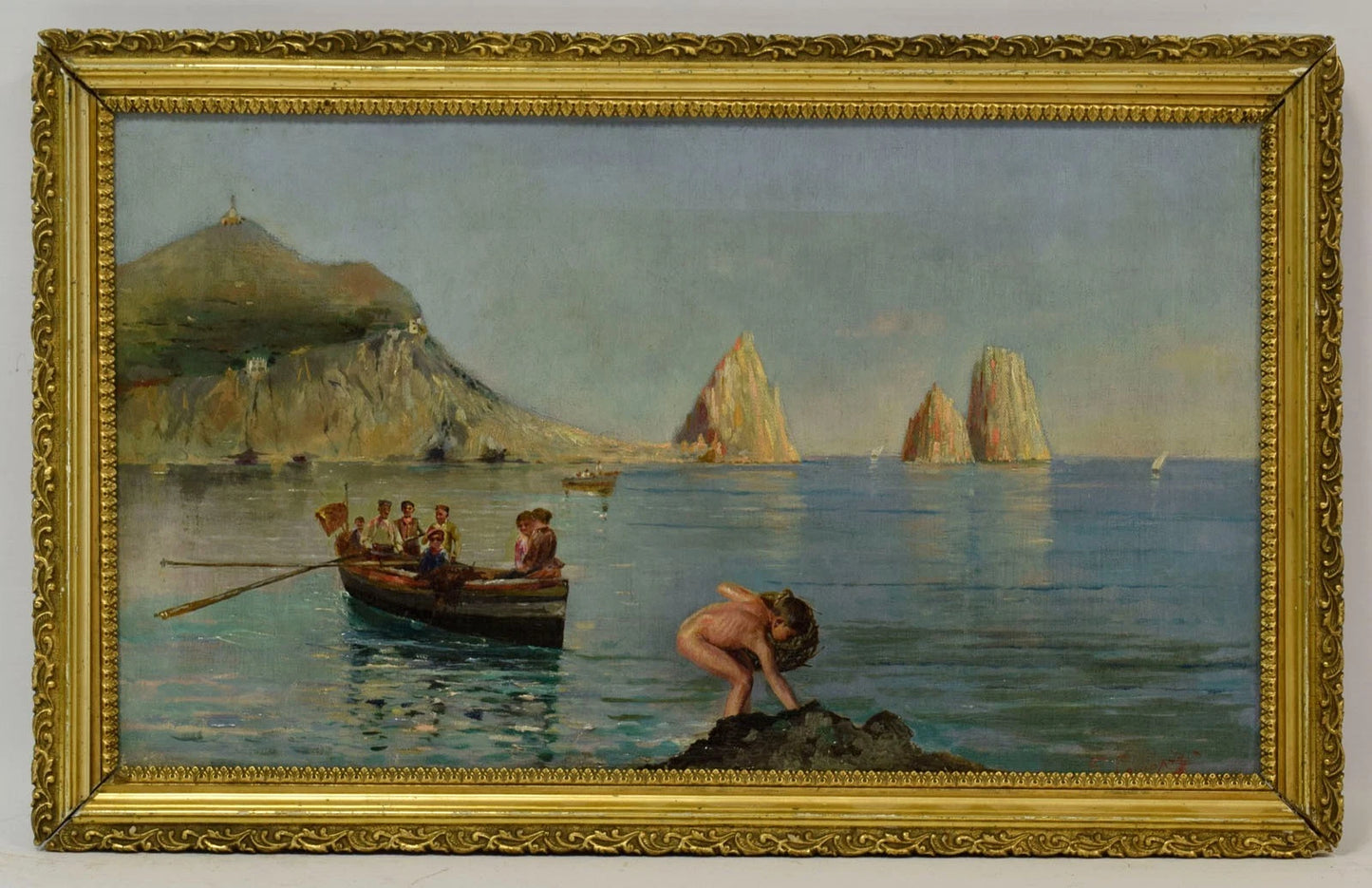 Vers 1900, tableau ancien, paysage à Capri, huile, signé, 58 x 36,5 cm