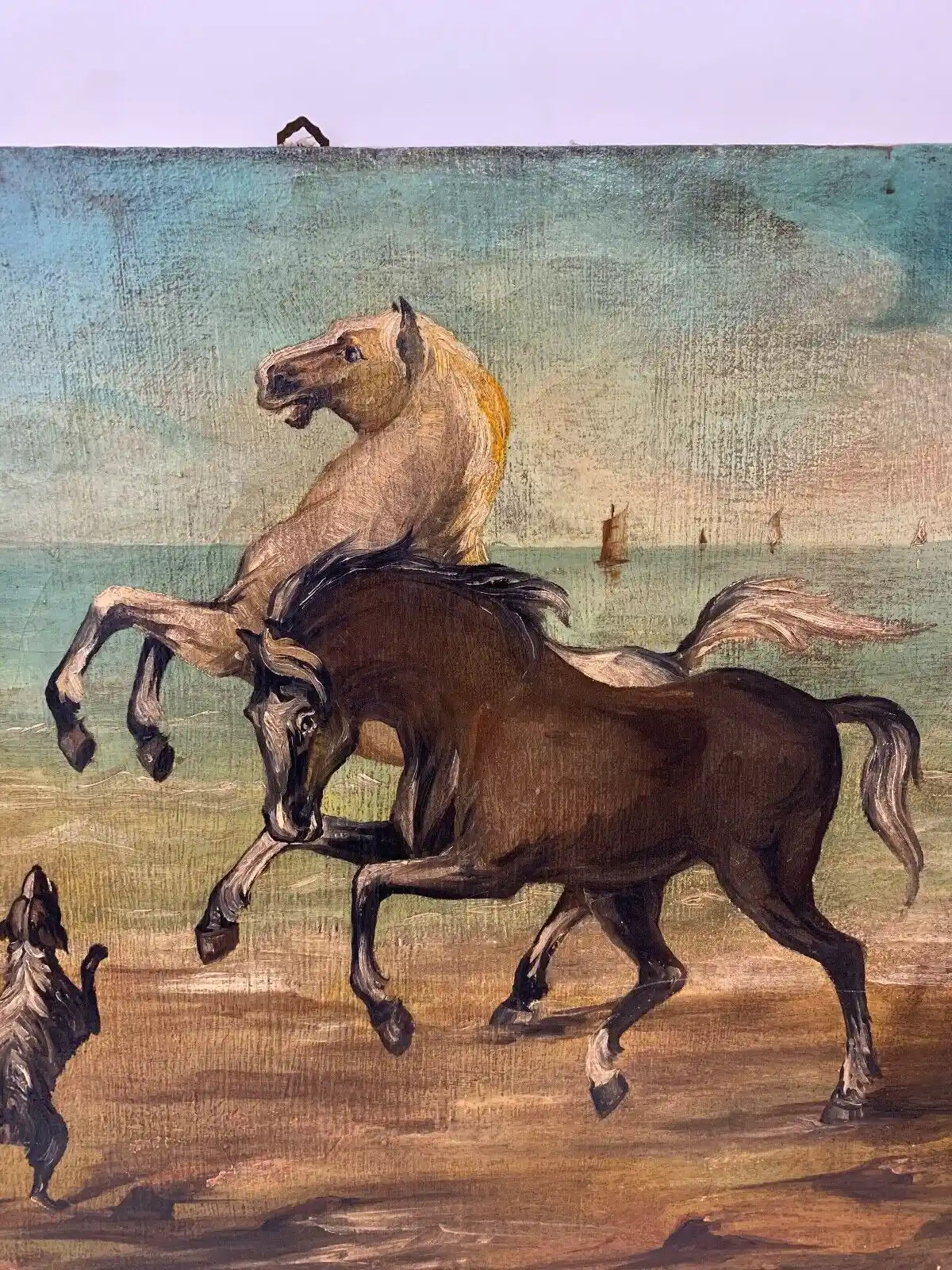 art-animal-chevaux-chien-plage-tableau peinture huile sur toile