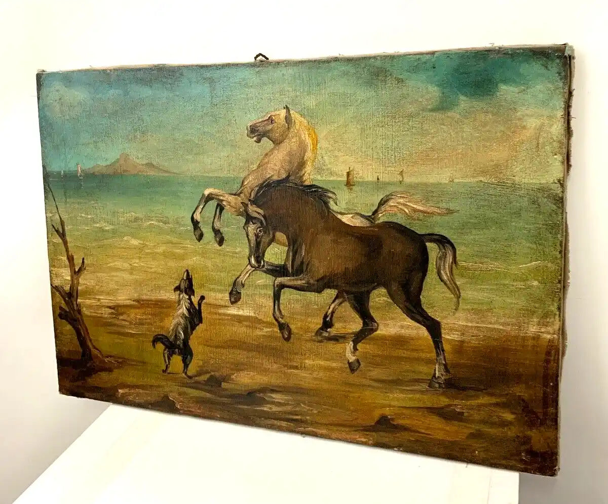 art-animal-chevaux-chien-plage-tableau peinture huile sur toile