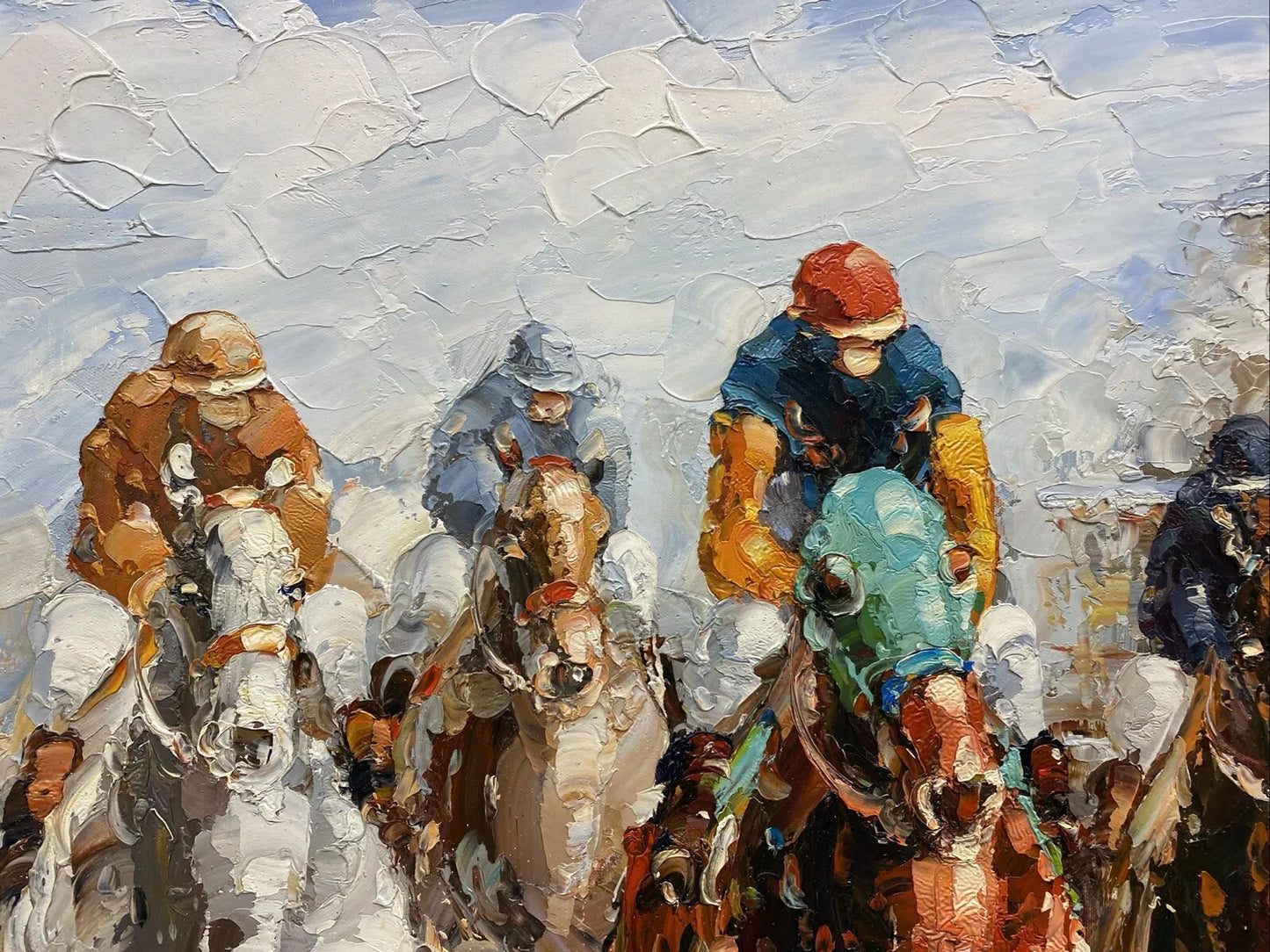 art-scène-vie-galop-hippique-chevaux-jockey-obstacle-peinture-huile-toile