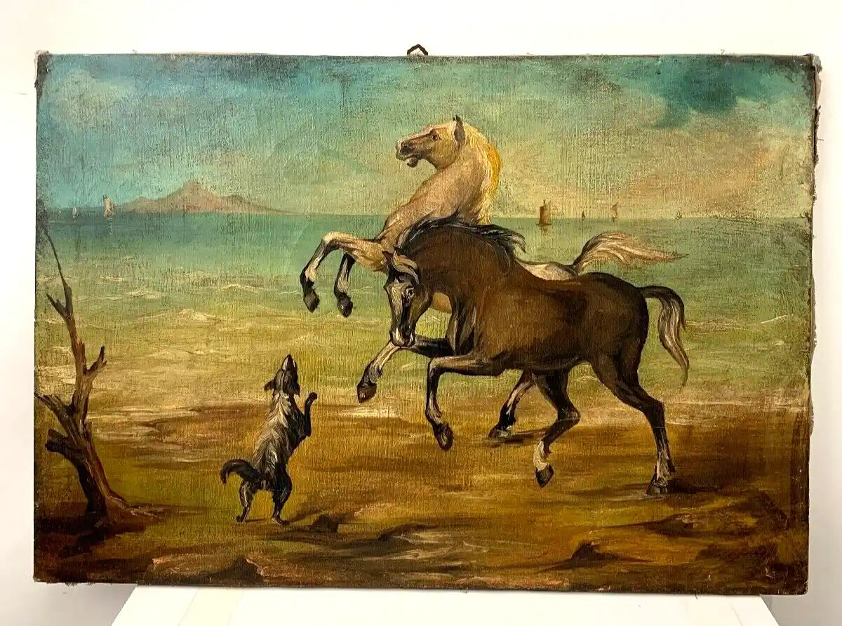 art-animal-chevaux-chien-plage-tableau peinture huile sur toile