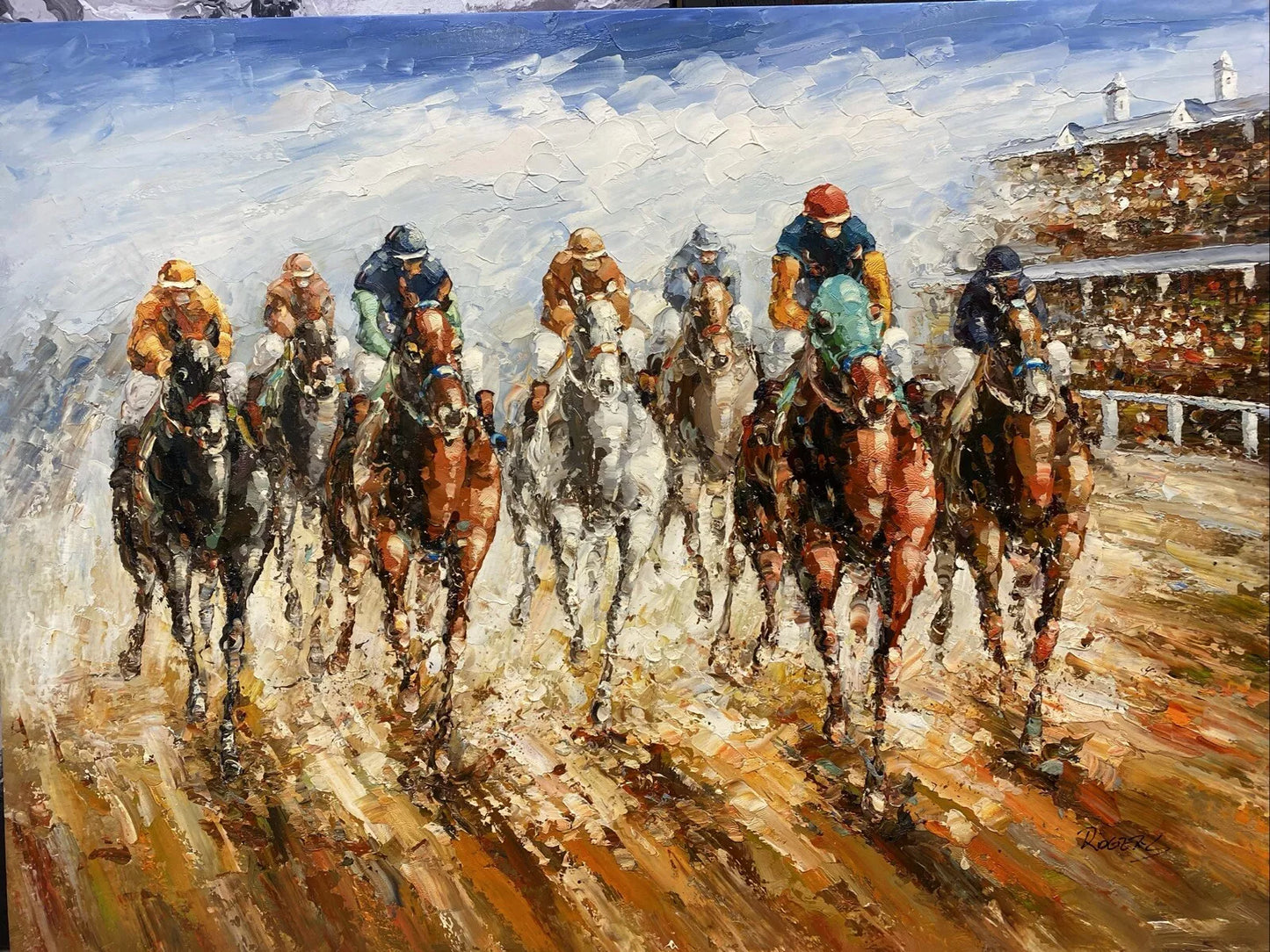 art-scène-vie-galop-hippique-chevaux-jockey-obstacle-peinture-huile-toile