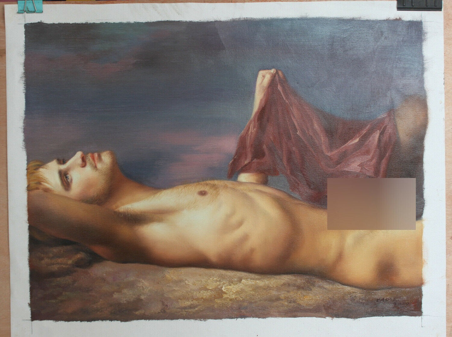 homme nu peinture érotique gay originale huile sur toile signée / nude gay male original oil painting on canvas