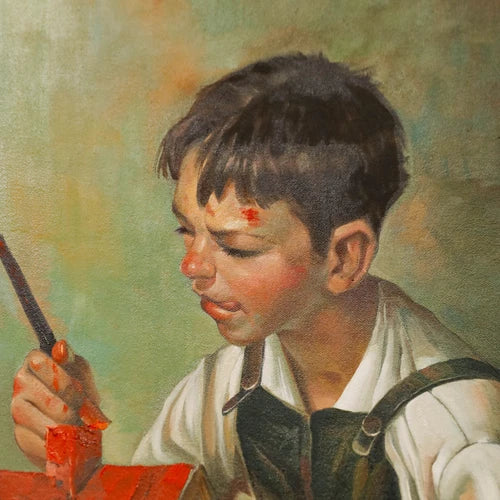 D'après Norman Rockwell - Huile encadrée XXème, garçon peignant un nichoir