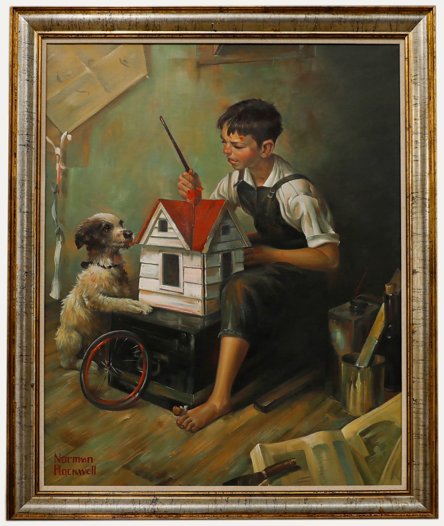 D'après Norman Rockwell - Huile encadrée XXème, garçon peignant un nichoir