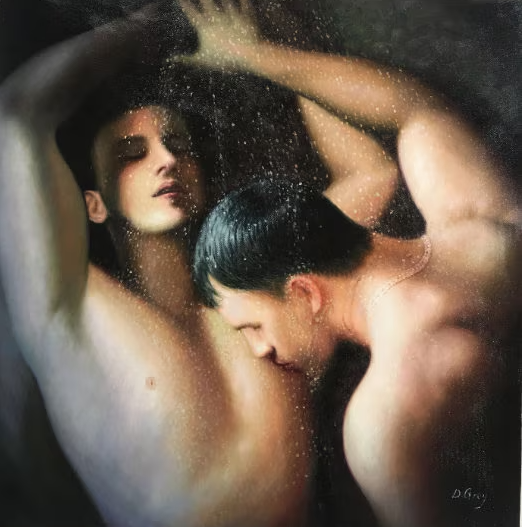 hommes nus sous la douche peinture originale huile sur toile signée