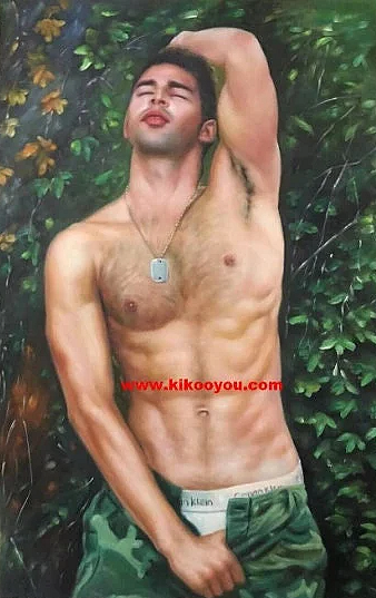 erotic art portrait of shirtless man original oil painting on canvas signed