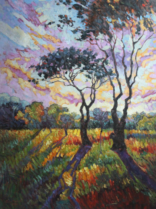 Beaux-arts paysage peinture à l'huile sur toile arbre au soleil