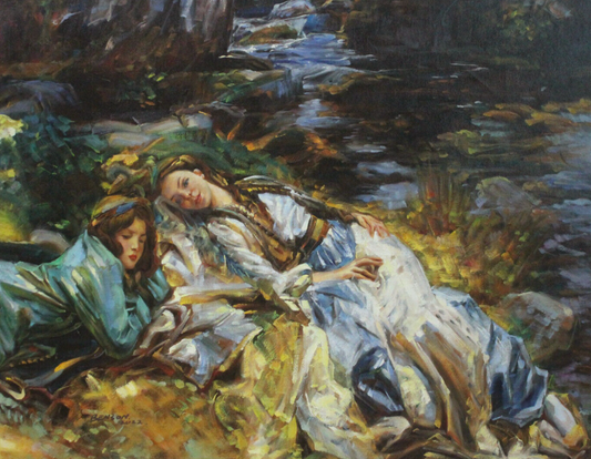 Reproduction ancien maître John Singer peinture à l'huile argent The Brook filles détente