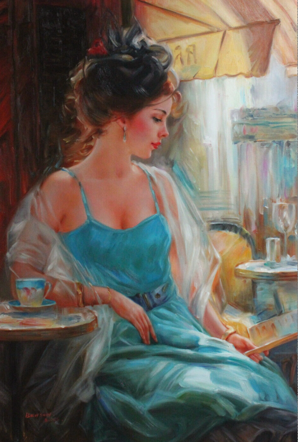 Art moderne belle fille tasse de thé café reproduction peinture à l'huile sur toile