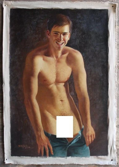 portrait art scène érotique homme nu huile sur toile signée / scenery erotic gay sex nude male oil painting on canvas