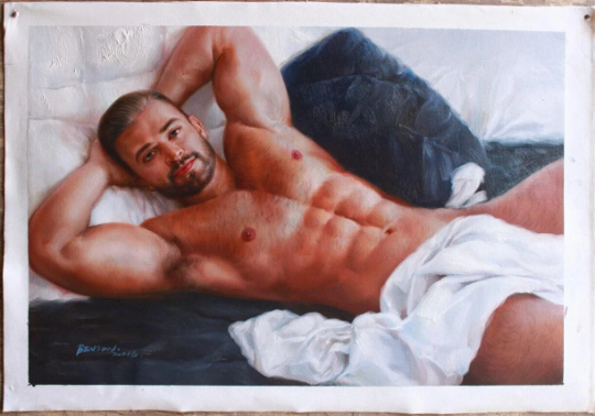 portrait art scène érotique homme nu huile sur toile signée / scenery erotic gay sex nude male oil painting on canvas