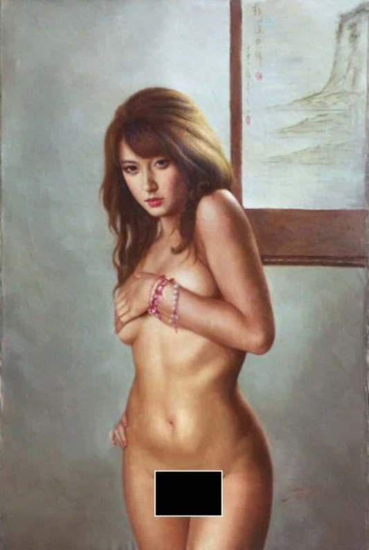 portrait jeune femme nue tableau peinture huile sur toile signée / oil painting on canvas asiat young nude woman