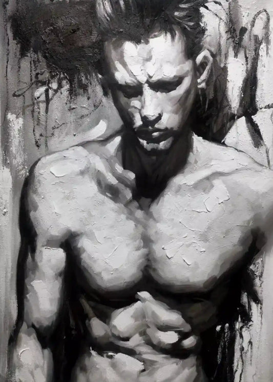 art-moderne-portrait-homme-torse-nu-musclé-peinture-huile sur toile