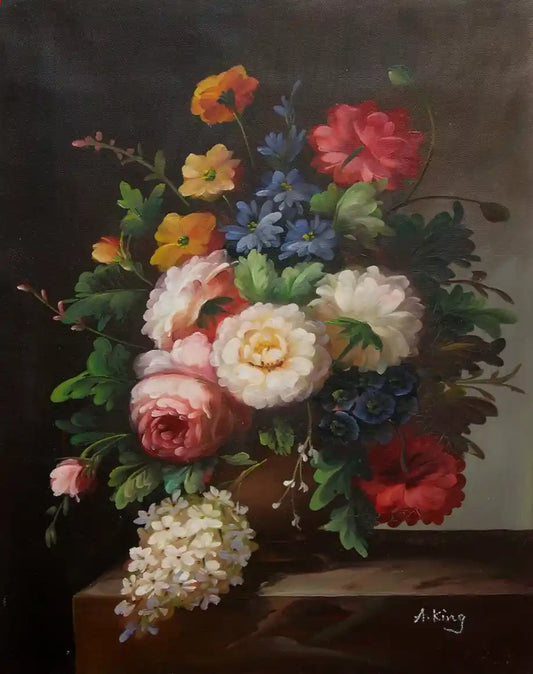 Beau-bouquet de fleurs-sur la table ~ Peinture à l’huile-originale