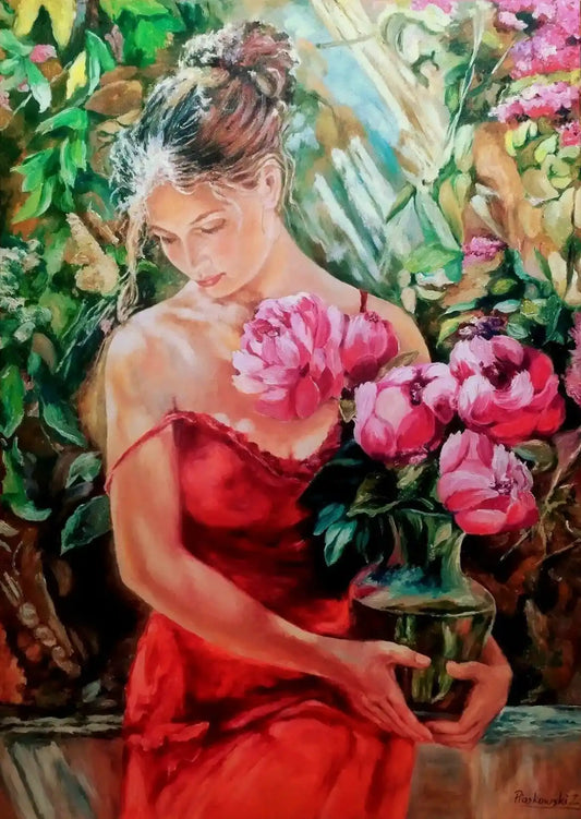 femme sensuelle avec fleurs- Peint à la Main Signé  Salon Art Tableau