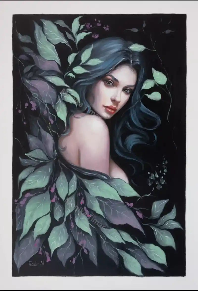 art-femme sensuelle avec feuilles- Peint à la Main Signé  Salon Art Tableau