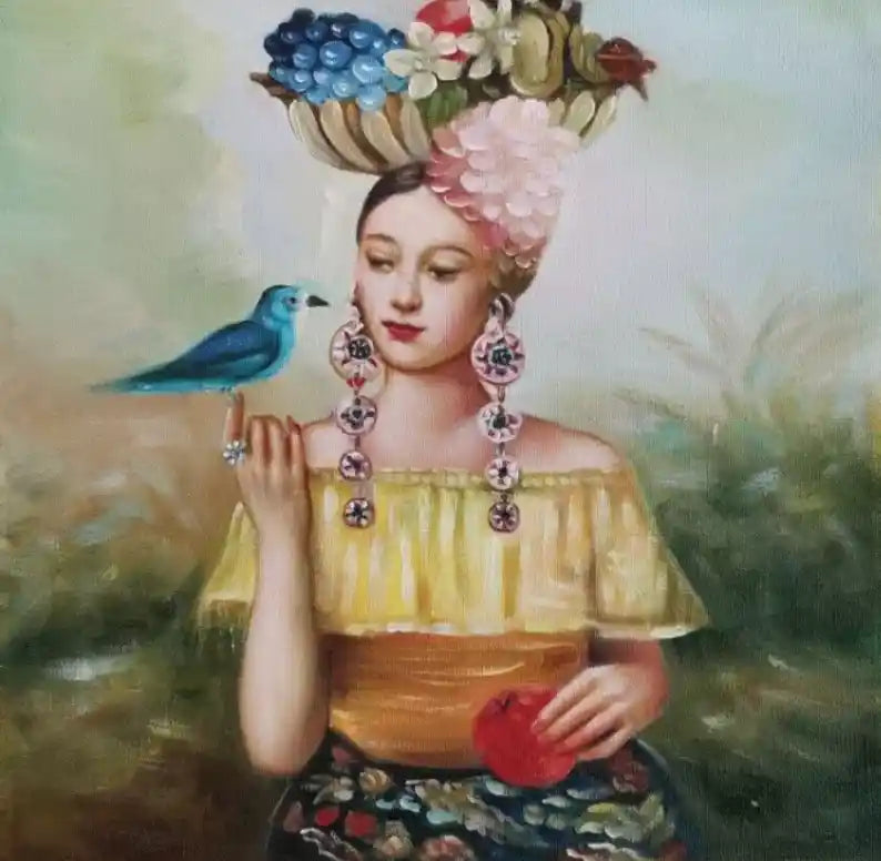 art-décoration-surréalisme--peinture-huile-toile-femme-oiseau