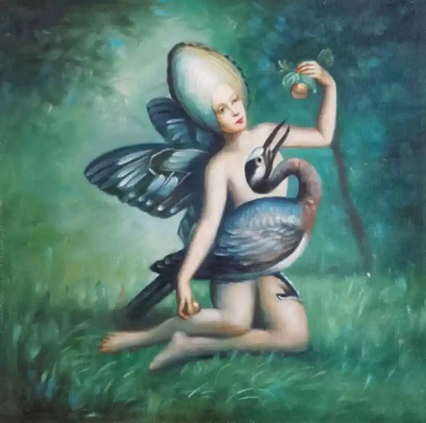 art-surréalisme-femme papillon avec oiseau-peinture-huile sur toile