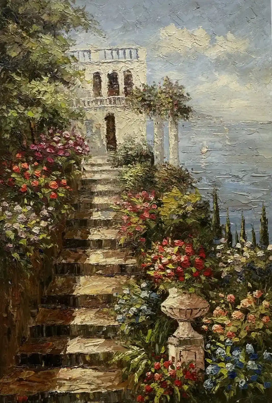 art-paysage-bord-mer-escalier-fleurs-peinture-huile sur toile