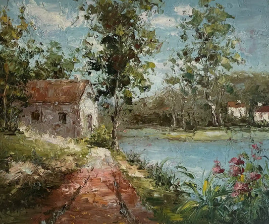 art-paysage-rivière-maison-peinture-huile sur toile