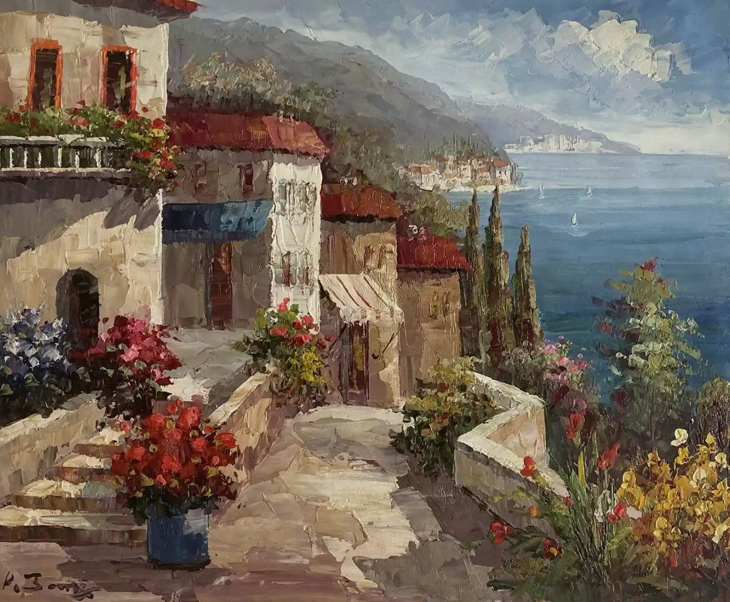 art-paysage-vue-mer-village-peinture-huile sur toile