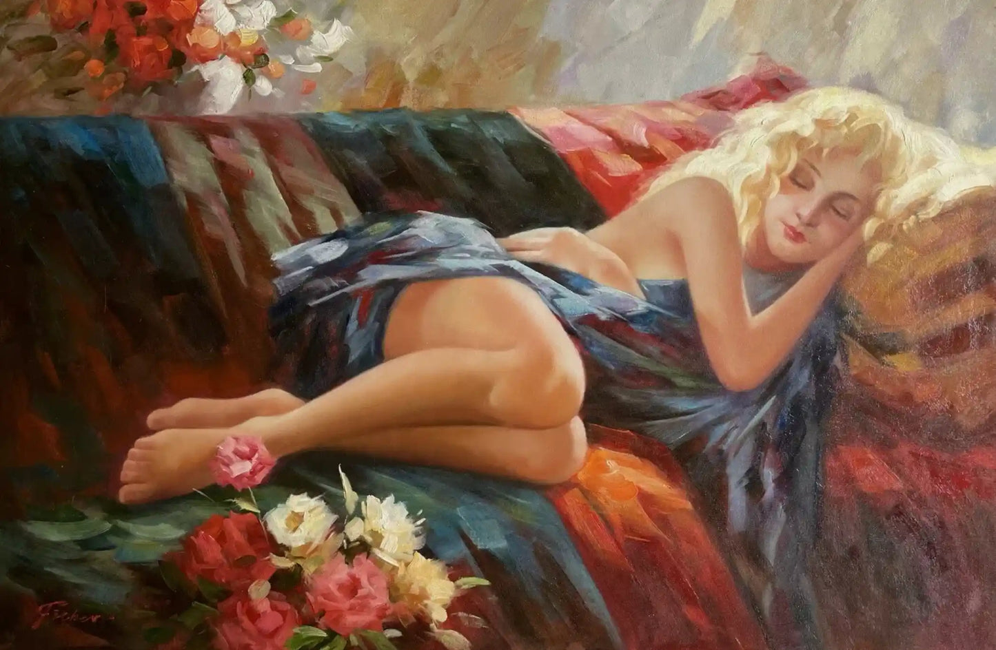 art-scène-érotique-femme-endormie-lit-chambre-peinture-huile sur toile