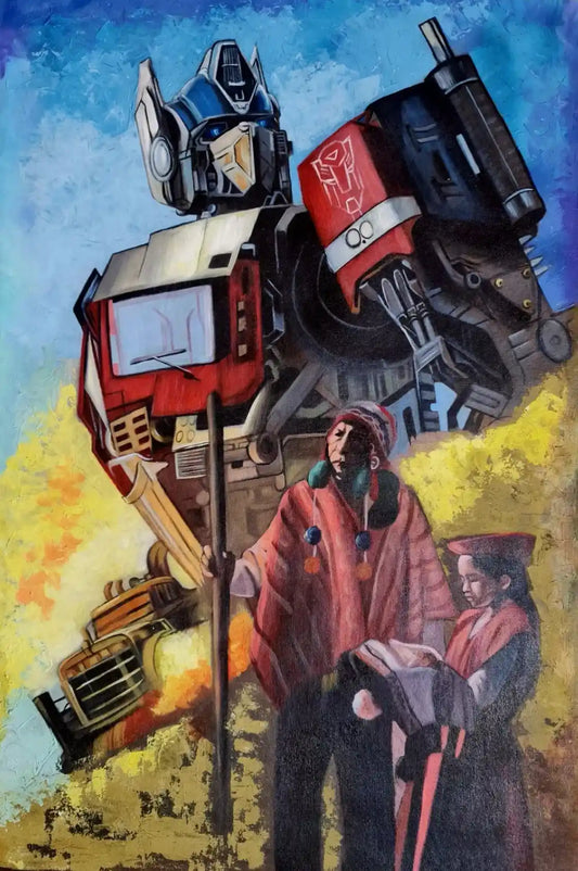 Transformers au Pérou. Peinture à l'huile sur toile par artiste inconnu