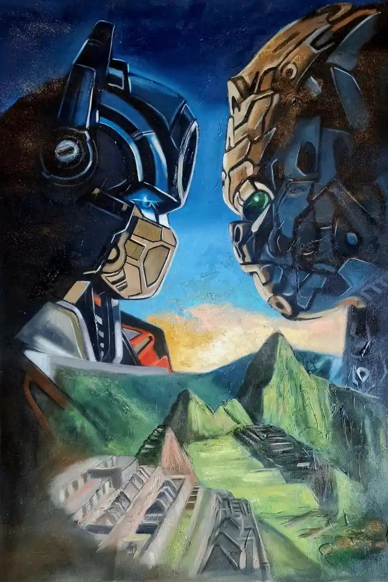 Transformers au Pérou. Peinture à l'huile sur toile par artiste inconnu