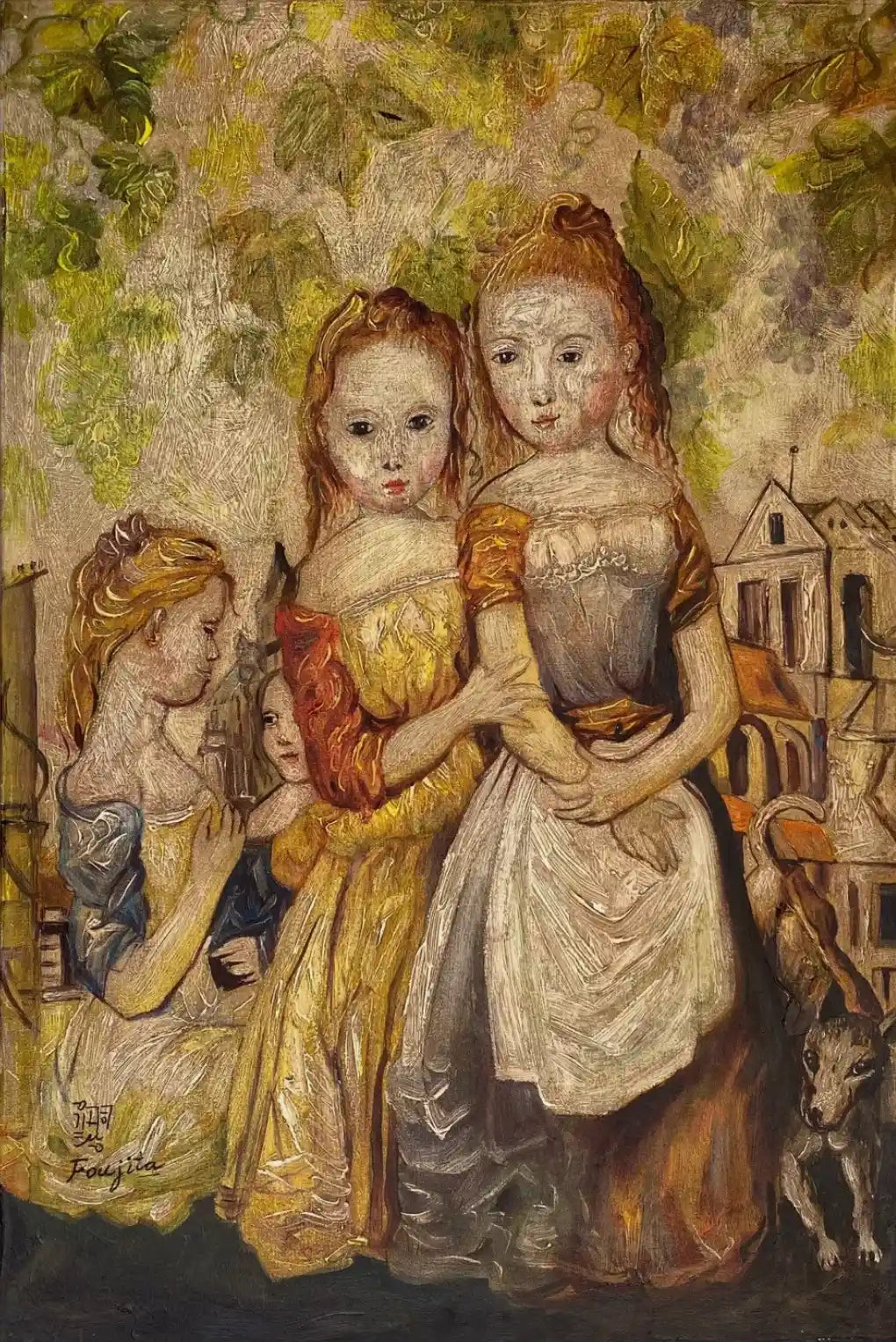 art-portrait-scène-vie-petites-filles-soeurs-peinture-huile-toile