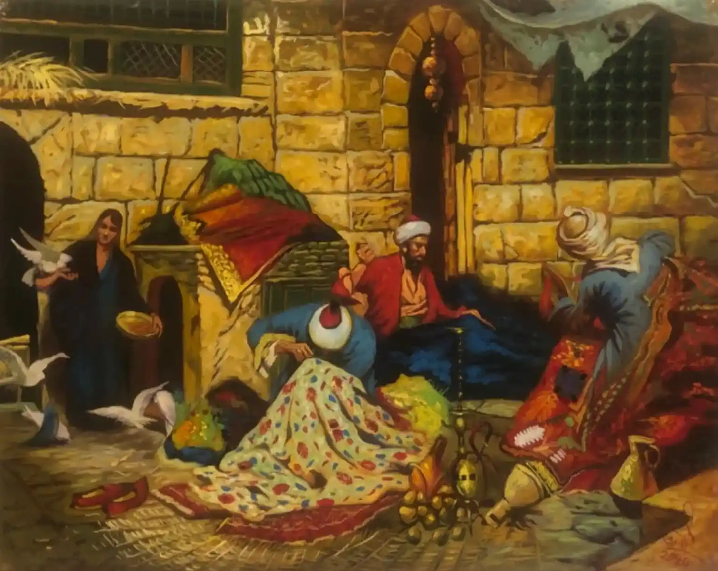 art-orientalisme-scène-vie-arabe-tapis-peinture-huile-toile