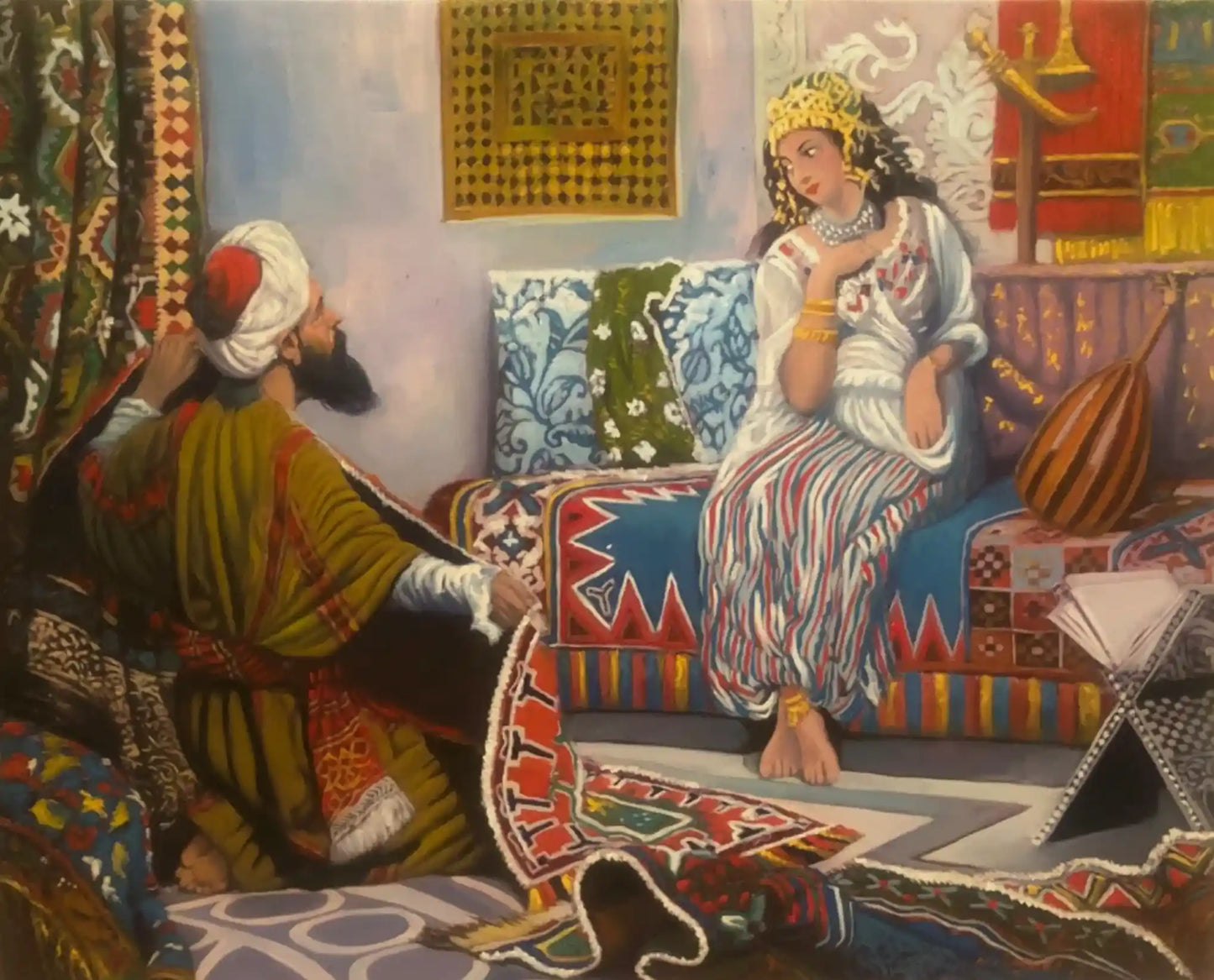 art-arabe-scène-orientaliste-marchand-tapis-peinture-huile-toile