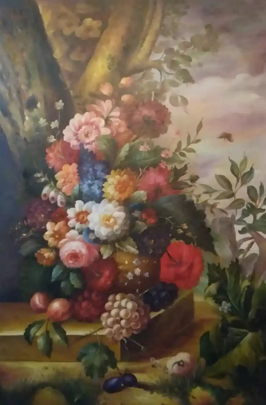 art-nature-morte-bouquet-fleurs-vase-fruits-peinture-huile-toile