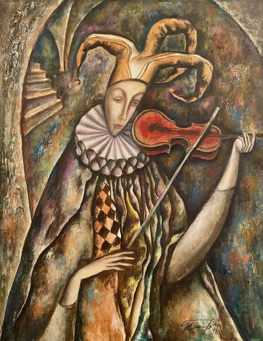 art-surréalisme-harlequin-violon-musicien-peinture-huile-toile