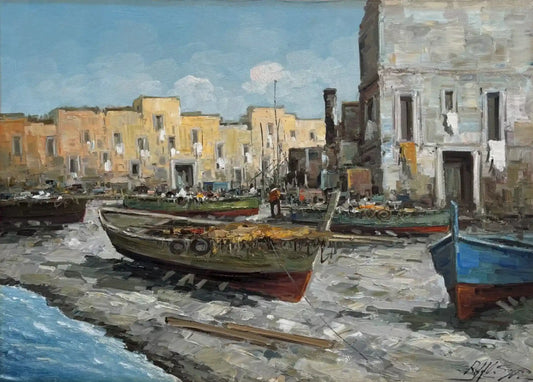 Tableau vintage - Bateaux au repos - peinture à l'huile sur toile