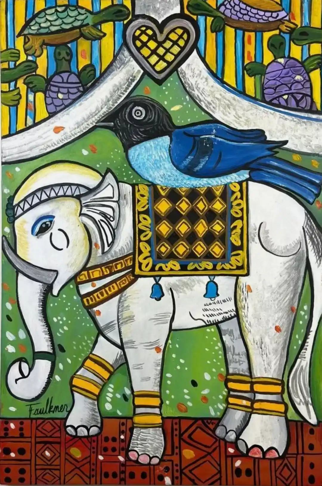 art-moderne-animal-élephant-oiseau-peinture-huile-toile