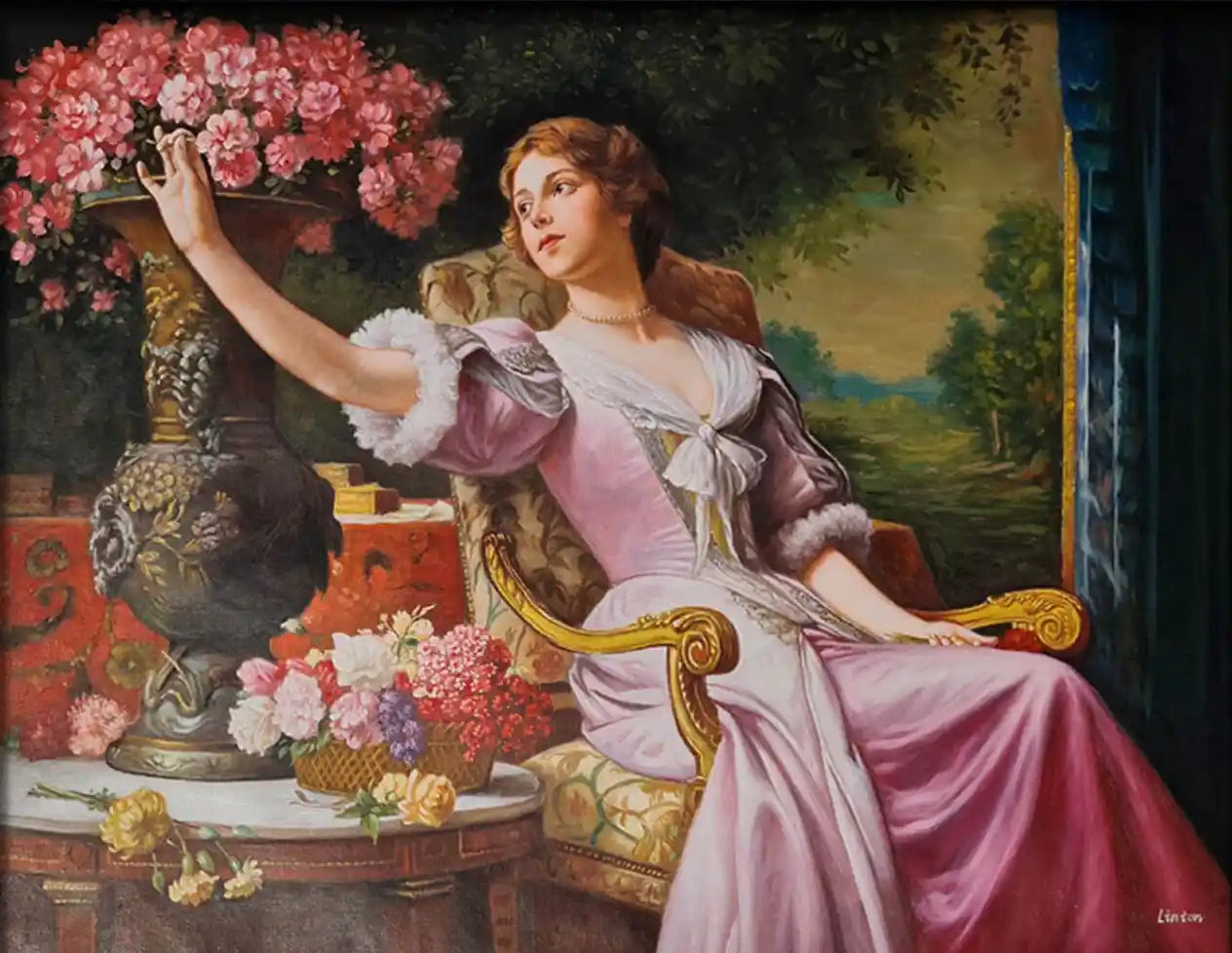 art-portrait-scène-vie-femme-assise-fleurs-peinture-huile-toile-d'après Władysław Czachórski