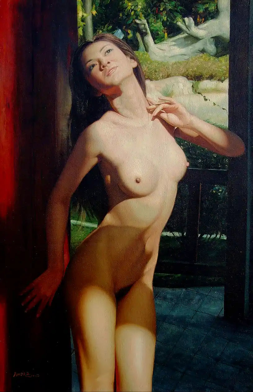 art-érotique-nue-féminin-femme-porte-soleil-peinture-huile-toile