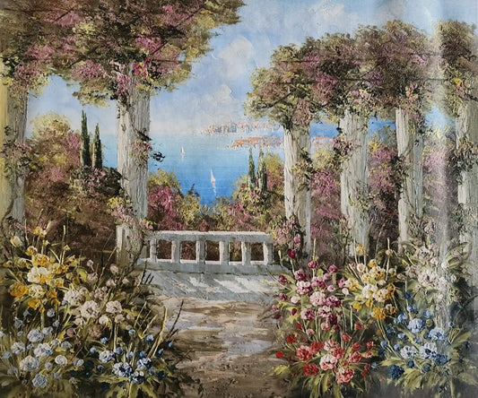 art-paysage-vue-mer-jardin-peinture-huile sur toile