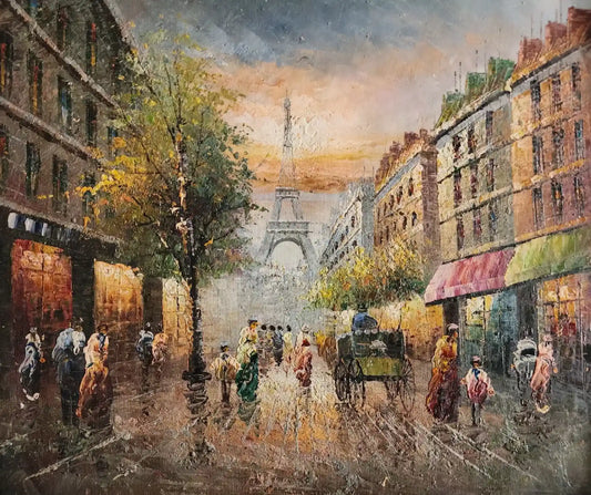 art-paysage-scène-rue-Paris-tour-Eiffel-peinture-huile-toile