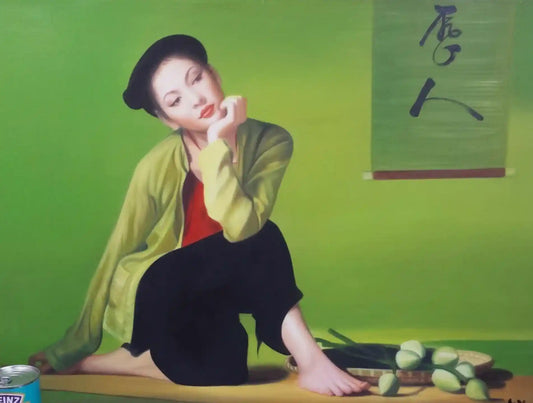 Grande peinture à l'huile sur toile d'une belle fille asiatique