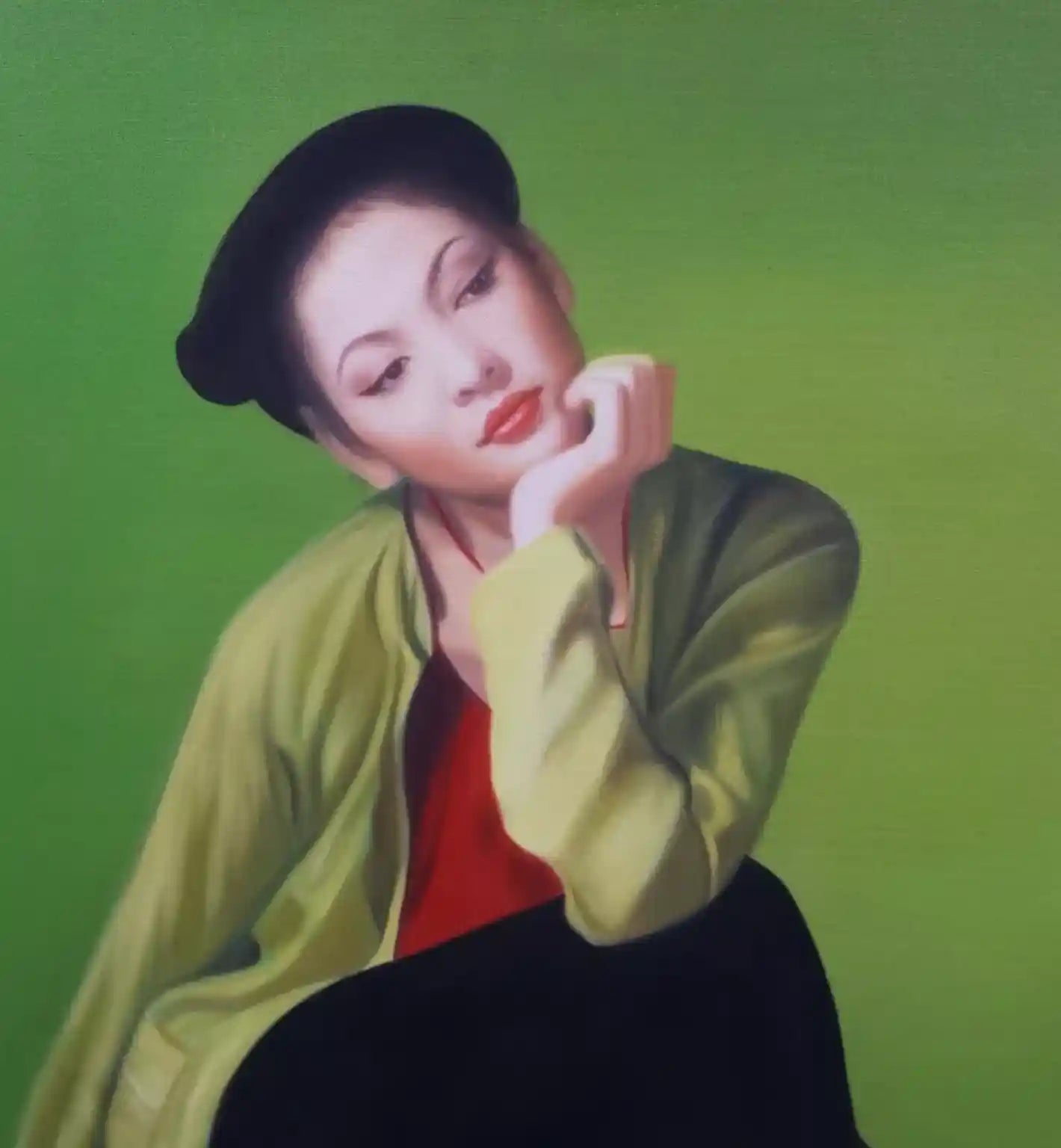 Grande peinture à l'huile sur toile d'une belle fille asiatique