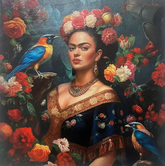 art-moderne-portrait-Frida-Khalo-fleurs-oiseaux-belle-peinture-huile-toile