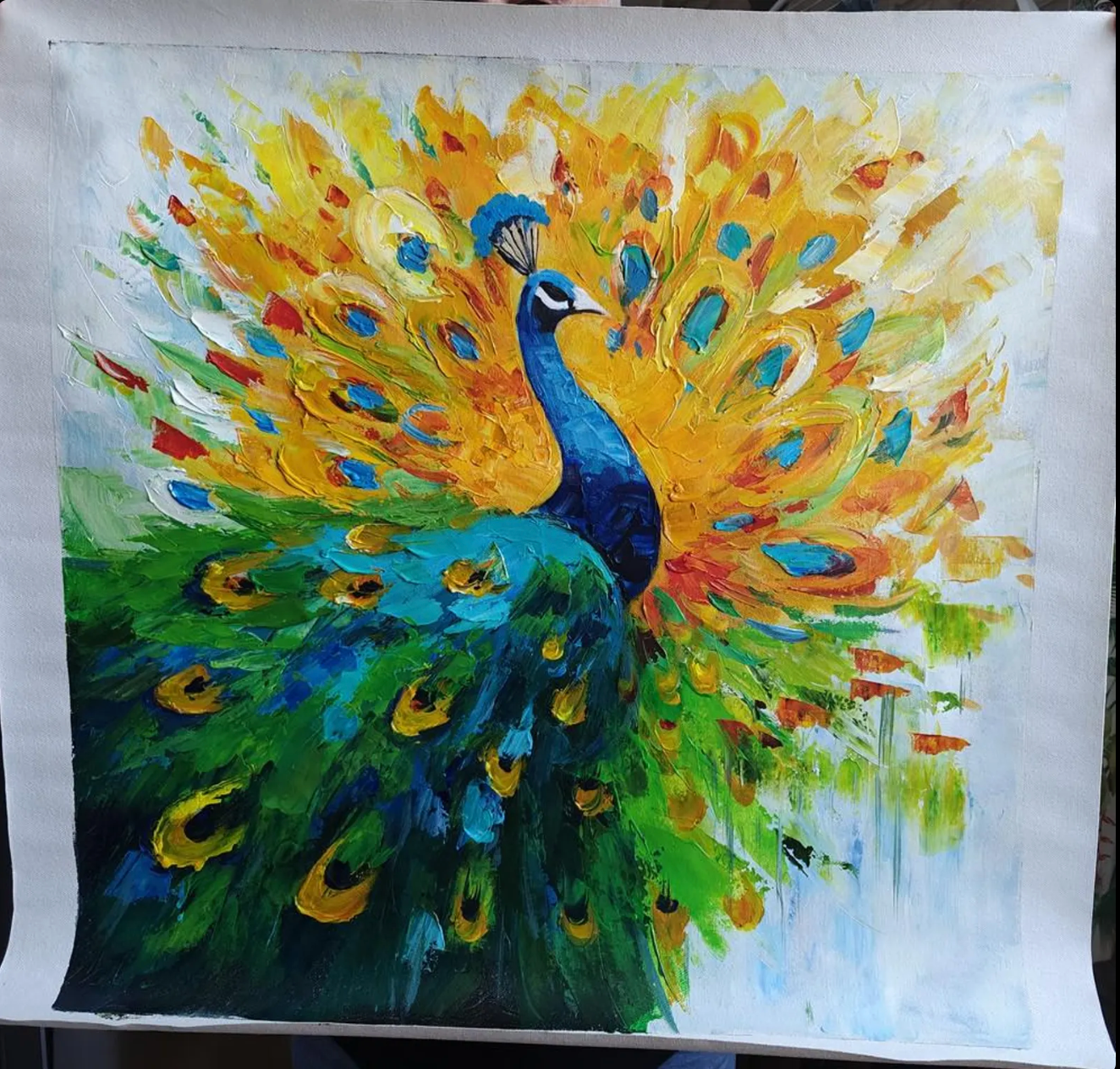 paon oiseau tableau peinture huile sur toile signée