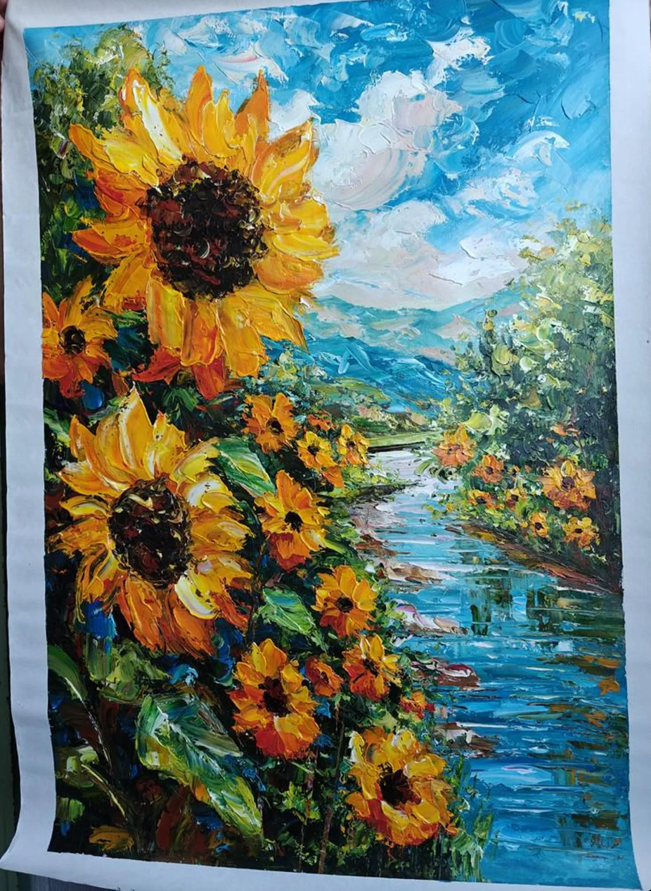 paysage fleurs tableau peinture huile sur toile signée